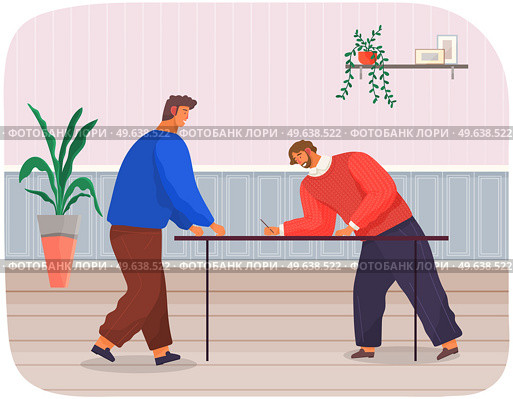 Office workers male characters meeting, discussing matters at table, considering business plan. Business people dressed in formal clothes are talking, communicating. Employee is consulting with chef. Office workers male characters meeting, discussing matters at table, considering business plan. Стоковая иллюстрация, агентство Ingram Publishing / Фотобанк Лори