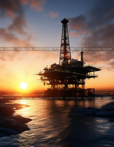 Offshore oil rig extracting oil against the backdrop of sunset. Стоковое AI-изображение, AI-художник Сергей Елизарьев / Фотобанк Лори