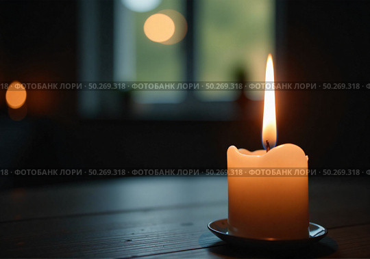 Огарок горящей свечи на столе. A burning candle stub on the table. Стоковое AI-изображение, AI-художник Смирнова Светлана / Фотобанк Лори