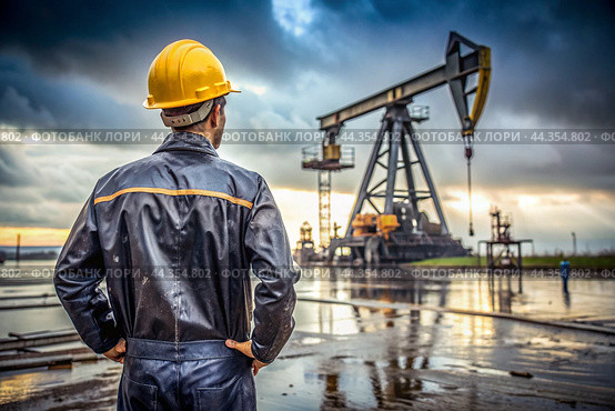 Oil production. An oil well and a man in work clothes and a construction helmet. Oil platform and industrial equipment. Difficult working conditions. Стоковое AI-изображение, AI-художник Photojuli / Фотобанк Лори
