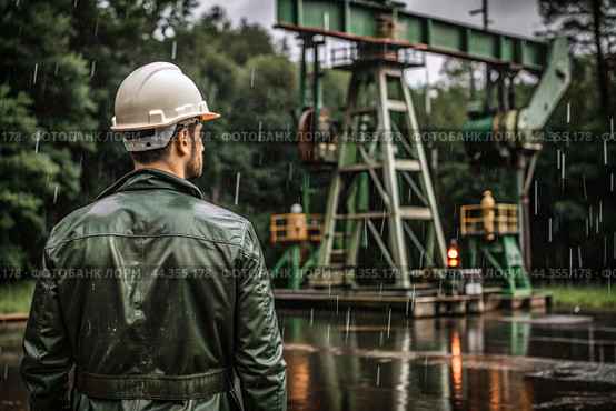 Oil production. An oil well and a man in work clothes and a construction helmet. Oil platform and industrial equipment. Difficult working conditions. Стоковое AI-изображение, AI-художник Photojuli / Фотобанк Лори