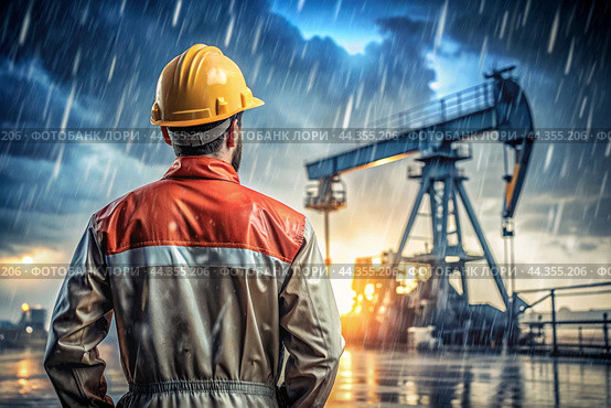 Oil production. An oil well and a man in work clothes and a construction helmet. Oil platform and industrial equipment. Difficult working conditions. Стоковое AI-изображение, AI-художник Photojuli / Фотобанк Лори