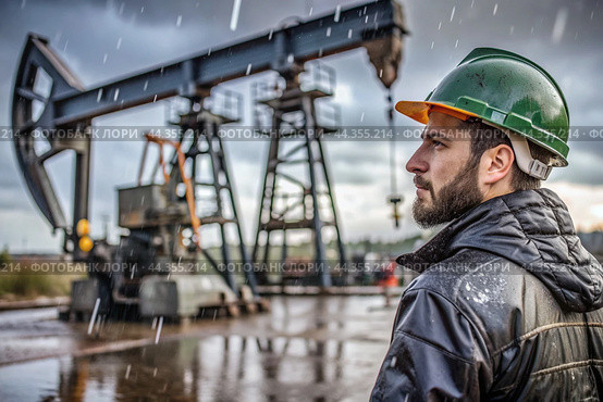 Oil production. An oil well and a man in work clothes and a construction helmet. Oil platform and industrial equipment. Difficult working conditions. Стоковое AI-изображение, AI-художник Photojuli / Фотобанк Лори