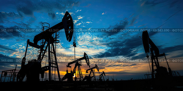 Oil pumps on the background of a dark sky and sunset. Copy space. Стоковое AI-изображение, AI-художник Ярославский Максим / Фотобанк Лори