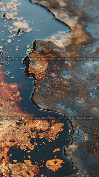 Oil spill on the surface of the reservoir. Стоковое AI-изображение, AI-художник Кирилл Черезов / Фотобанк Лори