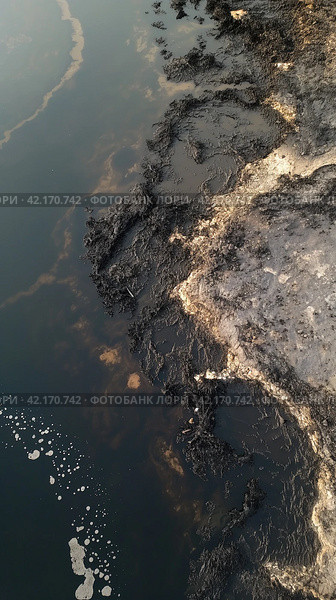 Oil spill on the surface of the reservoir. Стоковое AI-изображение, AI-художник Кирилл Черезов / Фотобанк Лори