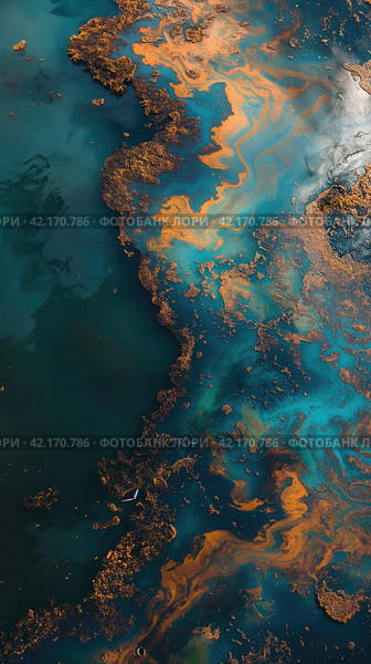 Oil spill on the surface of the reservoir. Стоковое AI-изображение, AI-художник Кирилл Черезов / Фотобанк Лори