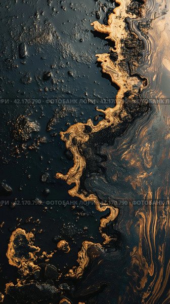 Oil spill on the surface of the reservoir. Стоковое AI-изображение, AI-художник Кирилл Черезов / Фотобанк Лори