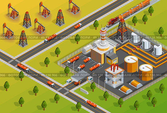Oill Industry Refinery Facility Isometric Poster . Petroleum industrial refinery plant facility for processing crude oil in gasoline and diesel fuel isometric poster vector illustration . Стоковая иллюстрация, агентство Ingram Publishing / Фотобанк Лори