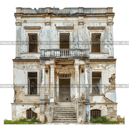 Old abandoned house with broken windows is slowly deteriorating. Стоковое AI-изображение, AI-художник Иван Рябоконь / Фотобанк Лори