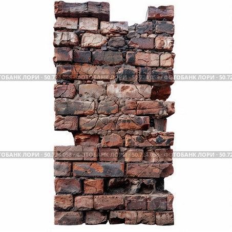 Old damaged brick wall crumbling showing damage and decay. Стоковое AI-изображение, AI-художник Иван Рябоконь / Фотобанк Лори