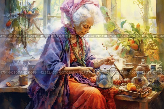 Old gray-haired woman witch brews a potion, watercolor, illustration, watercolor style, Generative AI. Стоковое AI-изображение, AI-художник Анна Кривицкая / Фотобанк Лори