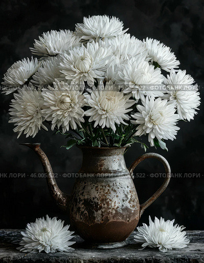 Old iron jug with a lush bouquet of white asters on a black background. Стоковое AI-изображение, AI-художник Сергей Елизарьев / Фотобанк Лори