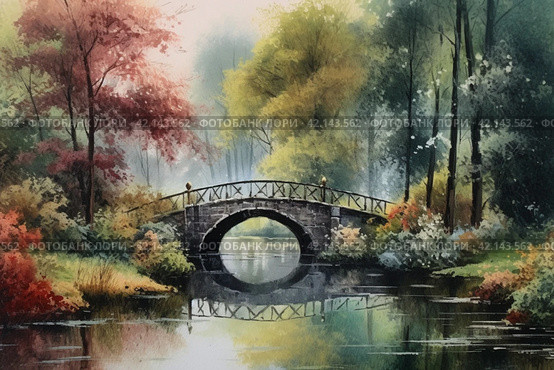 Old medieval park in English style with a bridge, watercolor,Generative AI. Стоковое AI-изображение, AI-художник Анна Кривицкая / Фотобанк Лори