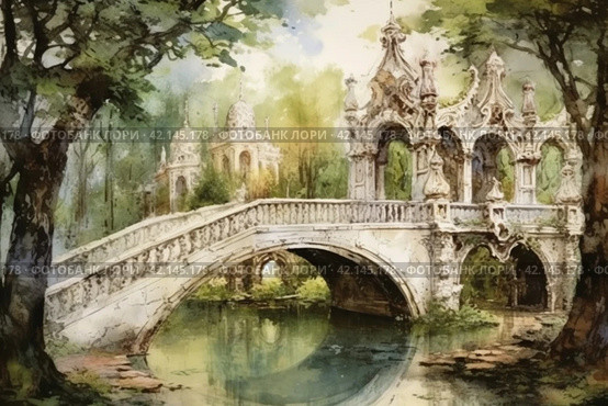 Old medieval park in English style with a bridge, watercolor,Generative AI. Стоковое AI-изображение, AI-художник Анна Кривицкая / Фотобанк Лори
