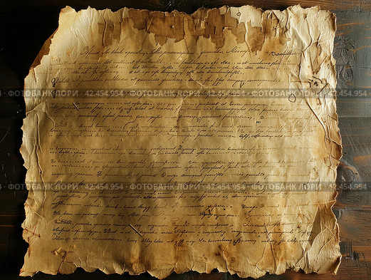 Old parchment paper with illegible writing on it,    Generative AI. Стоковое AI-изображение, AI-художник Анна Кривицкая / Фотобанк Лори