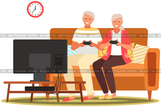 Old people play video game. Modern senior people gadgets. Oldster education computer. Old progressive use modern technology. Learning to use PC. Elderly couple gadgets. Aging parents video conference. Old people play video game. Senior people with different gadgets. Oldster education on computer. Стоковая иллюстрация, агентство Ingram Publishing / Фотобанк Лори