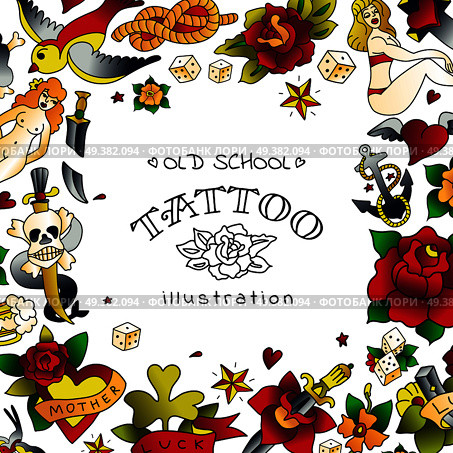 Old school tattoo frame with sensuality floral and nautical elements in vintage design colored vector illustration  . Old School Tattoo Frame. Стоковая иллюстрация, агентство Ingram Publishing / Фотобанк Лори