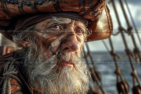 Old sea captain wearing tricorn hat sailing on ship at sea. Стоковое AI-изображение, AI-художник Иван Рябоконь / Фотобанк Лори