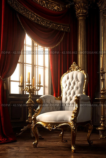 Old white and gold Royal chair with red curtains and candelabra in medieval vintage room. Throne for king in castle. Background in architecture or retro interior design. Copy space, text place. Стоковое AI-изображение, AI-художник Aleksandr Golubev / Фотобанк Лори
