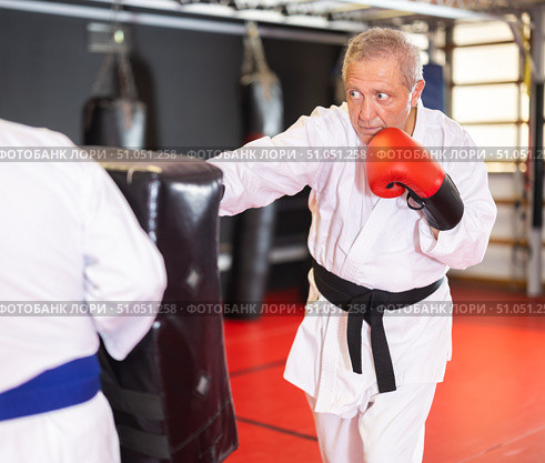 Older karate practitioner punching shield in training dojo. Стоковое фото, фотограф Яков Филимонов / Фотобанк Лори