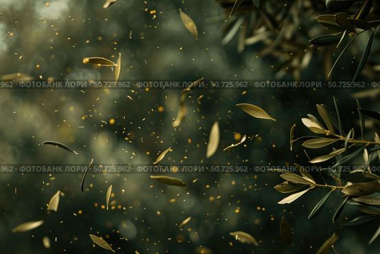Olive leaves falling with golden particles creating magical atmosphere. Стоковое AI-изображение, AI-художник Иван Рябоконь / Фотобанк Лори