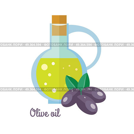 Olive Oil in Bottle with Black Olives Flat Design. Olive oil in bottle with black olives in flat design. Small jar filled olive kernel oil. Cooking base product. Used in cosmetics, pharmaceuticals, soaps, as a fuel for traditional oil lamps. Vector. Стоковая иллюстрация, агентство Ingram Publishing / Фотобанк Лори