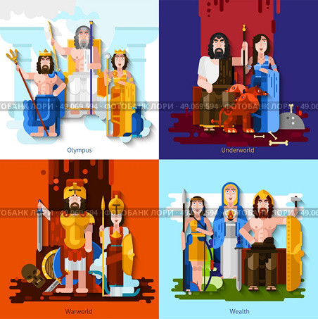 Olympic Gods 2x2 Cartoon Concept. Olympic gods 2x2 concept set of mythological characters symbolize war wealth and underworld in  cartoon style flat vector illustration  . Стоковая иллюстрация, агентство Ingram Publishing / Фотобанк Лори