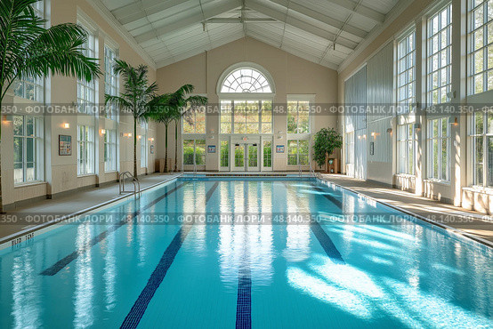Olympic-Sized Swimming Pool, Vast Aquatic Arena for Professional Training. Бассейн олимпийского размера, огромная водная арена для профессиональных тренировок. Стоковое AI-изображение, AI-художник Katsiaryna Repich / Фотобанк Лори