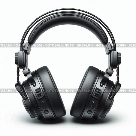 On a white background, there are full-size black headphones with a padded headband and large cups that perfectly cover the ears, providing comfortable listening to music and sound. Стоковое AI-изображение, AI-художник Светлана  Громак / Фотобанк Лори