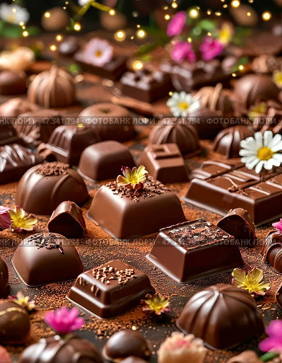 On December 28, lovers of sweets celebrate a delicious and aromatic holiday - Chocolate Candy Day. Chocolate candies are a favorite treat since childhood. Стоковое AI-изображение, AI-художник Сергей Елизарьев / Фотобанк Лори