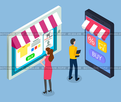 On line store concept. Sale tablet and smart phone with awning. Mobile marketing and online shopping. Man and woman customers choose a product in electronic gadget application on virtual store screen. On line store concept. Sale tablet and smart phone with awning. Mobile marketing and online shopping. Стоковая иллюстрация, агентство Ingram Publishing / Фотобанк Лори