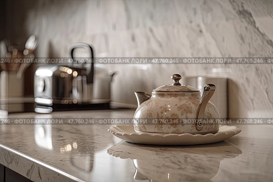 On the marble countertop of the kitchen there is a pewter enameled cream-colored teapot with a floral pattern on a porcelain saucer, created with Generative AI. Стоковое AI-изображение, AI-художник Данила Большаков / Фотобанк Лори