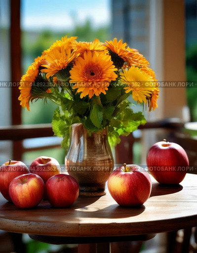 On the table is a bouquet of garden flowers, next to them are ripe apples. Morning still life. Стоковое AI-изображение, AI-художник Сергей Елизарьев / Фотобанк Лори