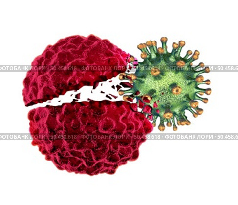 Oncolytic Virus treatment and  immunotherapy and cancer vaccine Therapy to kill cancers by attacking the malignant tumor cell and infecting them and destroying the pathogen as a 3D render. on a white background. Стоковое фото, агентство Ingram Publishing / Фотобанк Лори