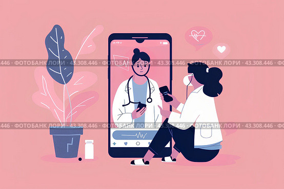 Онлайн общение с врачом. Телемедицинские консультации. Стоковое AI-изображение, AI-художник Щеголева Ольга / Фотобанк Лори