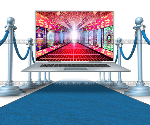Online Art Gallery and virtual museum concept as a web exhibition of artistic digital content as an interactive metaverse experience with NFT crypto images as a symbol of futuristic internet as a 3D illustration. Стоковое фото, агентство Ingram Publishing / Фотобанк Лори