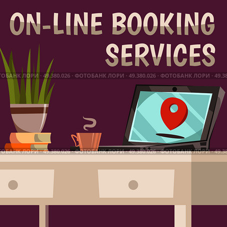 Online booking services composition with the ability to book anything through your computer vector illustration. Online Booking Services Composition. Стоковая иллюстрация, агентство Ingram Publishing / Фотобанк Лори