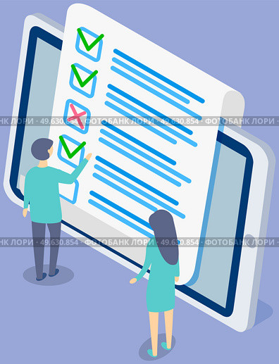 Online form survey on tablet. Colleagues check blank. Women discussing answer sheet. People look at quiz exam paper document. Businesswomen checking correctness of questionnaire and discussing. Women discussing answer sheet. Businesswomen checking correctness of questionnaire and discussing. Стоковая иллюстрация, агентство Ingram Publishing / Фотобанк Лори