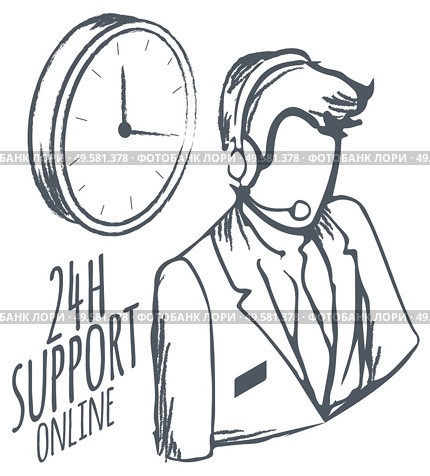 Online hotline for customers. 24 hours support and help isolated consultant monochrome sketch outline. Professional worker with headset answering questions of customers. Helpdesk and clock vector. Call Center 24 Hours Support Online Sketch Icon. Стоковая иллюстрация, агентство Ingram Publishing / Фотобанк Лори