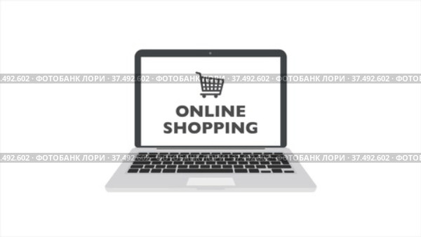 Online shopping concept with laptop and shopping cart. 4k motion design. Стоковое видео, видеограф Денис Калетник / Фотобанк Лори