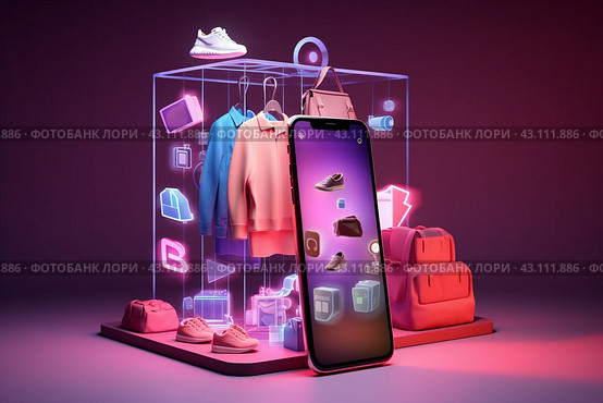 Online shopping: mobile phone and store window, generated by AI. Стоковое AI-изображение, AI-художник Виталий Сова / Фотобанк Лори