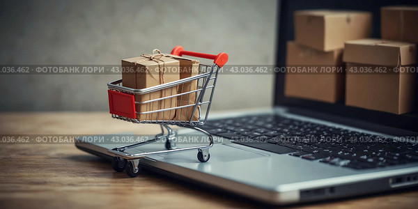Online trading. The concept.A shopping cart and a laptop. Стоковое AI-изображение, AI-художник Александр Поташев / Фотобанк Лори