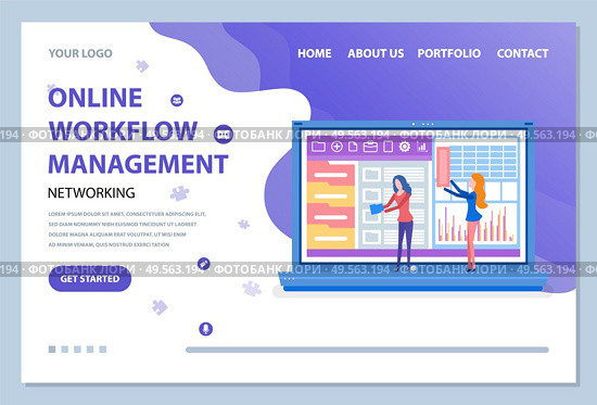 Online workflow management vector, woman with laptop and information in visual representation. People working on analytics and analysis online. Managers analyze informations from website on monitor. Online Workflow Management Online Website Info. Стоковая иллюстрация, агентство Ingram Publishing / Фотобанк Лори