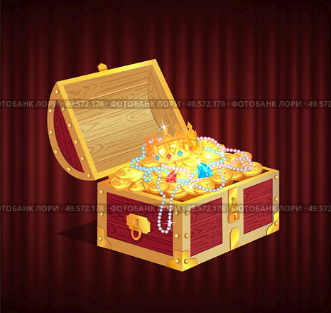 Open dower chest with diamonds, gold and silver coins. 3d view of box with lock and precious sign, brilliant and money in container, golden crown, loot object vector. Red curtain theater background. Loot Box with Gemstone, Brilliant and Coin Vector. Стоковая иллюстрация, агентство Ingram Publishing / Фотобанк Лори