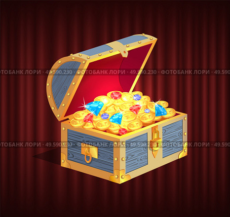 Open dower chest with diamonds, gold and silver coins. 3d view of box with lock and precious sign, brilliant and money in container, loot object vector. Loot Box with Gemstone, Brilliant and Coin Vector. Стоковая иллюстрация, агентство Ingram Publishing / Фотобанк Лори