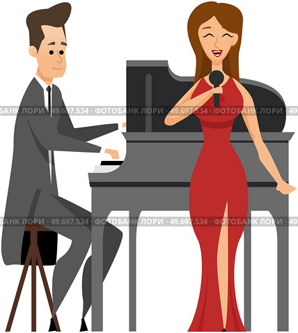Opera singers and musician pianist at piano on stage. Concert hall perfomance flat color vector. Evening show of beutiful songs. Elegant classical music show artists. Premiere, concerto of vocalists. Opera singers and musician pianist at piano on stage. Evening show of beutiful songs, classical art. Стоковая иллюстрация, агентство Ingram Publishing / Фотобанк Лори