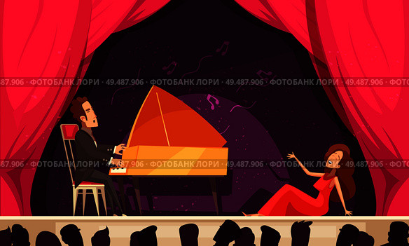 Opera theater flat cartoon horizontal composition with singer aria and pianist onstage performance audience heads silhouettes vector illustration. Стоковая иллюстрация, агентство Ingram Publishing / Фотобанк Лори