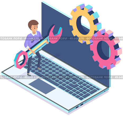 Operating system maintenance for web design. Adjusting app, setting options, repair, fixing. Man with wrench working with settigns program on laptop. Settigns, computer customization development. Man with wrench working with settigns program on laptop. Operating system maintenance concept. Стоковая иллюстрация, агентство Ingram Publishing / Фотобанк Лори