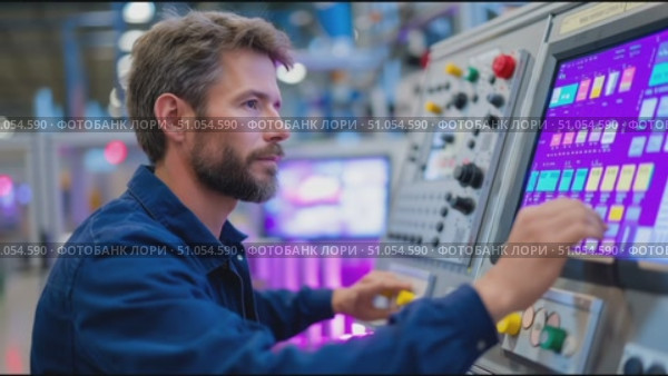 Operator uses control panel in a modern manufacturing facility during shift hours. Стоковое AI-видео, аниматор Сергей Толмачёв / Фотобанк Лори